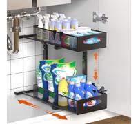 Housolution 1 Pack Under Sink Storage, Height Adjustable Pull Out Under Sink Organiser with Sliding Mesh Drawers, 2 Tier Metal Slide Out Kitchen Storage Rack Shelf for Cupboard, Black