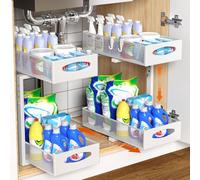 Housolution 2 Pack Pull Out Under Sink Storage Organiser Rack, White | 2 Tier Metal Frame, 5 Levels Height Adjustable, Slide Out Kitchen Storage Shelf for Cupboard