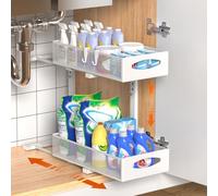 Housolution Pull Out Under Sink Storage Organiser Rack, White | 2 Tier Metal Frame, 5 Levels Height Adjustable, Slide Out Kitchen Storage Shelf for Cupboard