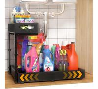 Housolution Under Sink Storage, 35cm-50cm Width Expandable, 34cm-45cm Height Adjustable, 2 Tier Metal Pull Out Under Sink Organiser Rack with 3 Sliding Rails for Kitchen Cupboard, Single Side