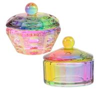 Housoutil 2 Pieces Iridescent Crystal Glass Nail Dappen Dish with Lid, 12-Facet and Floral Octagonal Design, Professional Manicure Cup for Nail Art and Powder Storage