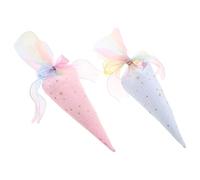Housoutil 2pcs Reusable Cone Treat Bags for Party Wrapping, 16.5' Polyester Ice Cream Cone Shaped Bags with Glitter Star Pattern and Ribbon Tie, Pink and Blue Holiday Favor Packaging for