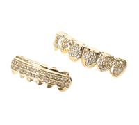 Housoutil 2pcs Unisex Rhinestone Tooth Grills in Golden Copper Material with Easy Cleaning and Natural Speech Function, for Hip Hop Events and Costumes