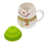 Housoutil 350ml Ceramic Snowman Shaped Water Cup Lid, Cartoon Coffee Mug for Christmas Decoration, Green Hat Xmas Milk Cup for Holiday Drinkware