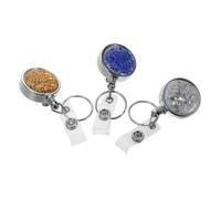 Housoutil 3pcs Bling Rhinestones Badge Holder with Retractable Clip Silver Id Badge Reel with Key Ring for Nurses Teachers and Students Smooth Surface Material