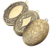 Housoutil 3Pcs Oval Photo Locket Pendant Vintage Bronze Picture Holder for Necklace DIY Jewelry Keychain Craft with Frame Cutout Design