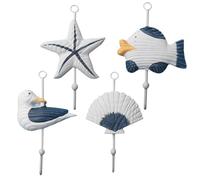 Housoutil 4pcs Mediterranean Style Wooden Wall Hooks Set, Nautical Coastal Decorative Coat and Hat Hangers, Hand-Painted Distressed Fish, Scallop, Sea Creature, Seabird Designs for Home