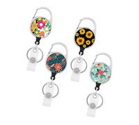 Housoutil 4Pcs Retractable Id Badge Holders with Decorative Floral Alloy Buckles Portable Name Card Clips for Nurses Teachers Students and Volunteers Smooth Polished Design