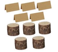 Housoutil 5 Sets Wooden Stump Note Holder with Paper Cards Unique Rustic Table Menu Organizer for Restaurants Parties Weddings Eco Friendly Natural Bark Wooden Clip Display