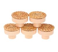 Housoutil 5pcs Rattan Decorative Wall Hook Round Disc Coat Hanger | Handwoven Wood and Rattan Design, Vintage Farmhouse Styling, Suitable for Keys, Clothes, Towels, Offices