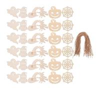 Housoutil 60Pcs Halloween Wooden Cutouts Crafts Set Unfinished Wood Ghost Pumpkin Witch Bat Shapes with Hanging Tags DIY Halloween Party Decorations for and Trick or Treat Bags