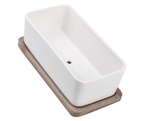 Housoutil Ceramic Oblong Flower Pot White Elegant Planter with Bamboo Tray Set Practical Ceramic and Synthetic Material Pot for and Small Flowers for Balcony and Office
