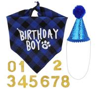 Housoutil Dog Birthday Party Decorations Soft and Breathable Fabric Cone Hat with Numbers Included Blue Plaid Bandana Scarf for Dogs of Most Breeds and Ages Birthday Party