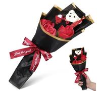 Housoutil Graduation Bear Bouquet, Artificial Soap Flower Plush Doll Toy for Ceremony Celebration, Red Graduate Photography Prop Keepsake