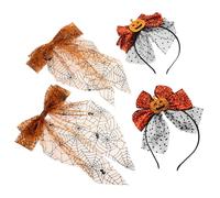 Housoutil Halloween Pumpkin Mesh Headband and Lace Spider Web Hair Clips Set, Orange Bowknot Hair Accessories for Party Costume, Photo Props Hairband and Barrettes for Women and