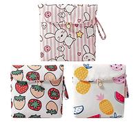 Housoutil Large Capacity Tampon Bag Set 3pcs Cotton Portable Change Purse with Rabbit and Strawberry Pattern, Multi-Functional Sanitary Pad Storage on The Go