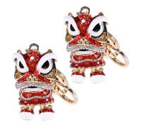 Housoutil Lion Keychain 2Pcs Red Alloy with Diamond Inlay Small Size 360° Rotatable Head Pendant for Car and Bag Ornament, Chinese Style Animal Charm