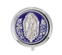 Housoutil Metal Rosary Keepsake Box for Prayer Beads Blue Rose Design, Catholic Religious Necklace Case for Women, Sturdy Metal Jewelry Storage for Baptism and First Communion