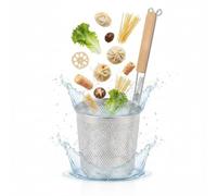 Housoutil Pasta Basket, Stainless Steel Fine Mesh Noodle Strainer with Wooden Handle, Multifunction Noodle Sieve Spoon, Large Capacity Pasta Cooker for Ramen Oden Spicy Hot Pot Dumpling