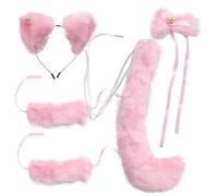 Housoutil Pink Fox Ear and Tail Cosplay Set with Comfortable Simulation Plush Material, 5Pcs Costume Kit for Masquerade and Other Events, Fine Craftsmanship Party Supplies