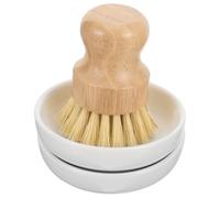 Housoutil Small Bamboo Wooden Pot Scrub Brush Set with 2 Ceramic Drip Dishes, Natural Palm and Sisal Fiber Kitchen Scrubbing Brushes for Cookware Cleaning
