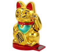 Housoutil Solar Powered Lucky Cat Figurine with Automatic Arm Waving and Rotatable Base, Japanese Style Wealth Welcome Ornament for Office Desk and Windowsills, Golden Plastic Prosperity