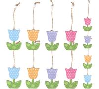 Housoutil Wooden Tulip Hanging Ornaments, 12Pcs Mother's Day Colorful Flower Spring Decorations for Tree, Polka Dot Plaid Wood Cutouts, Easter Home Garden Party Decor, Window Wall Craft Pendant