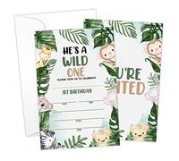 HOUSPEAK Jungle Animal 1st Birthday Fill-in Invitations Cards with Envelopes (20 Count)，Safari Wild One Birthday Party Supplies Decorations, Birthday invites for Boys/Girls - A51