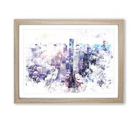 Houston Texas Skyline Watercolour Modern Framed Wall Art Print, Ready to Hang Picture for Living Room Bedroom Home Office Décor, Oak A2 (64 x 46 cm)