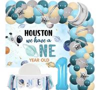 Houston We Have A One Year Old 1st Birthday Decorations, Outer Space Theme First Birthday Party Supplies for 1 Year Old Boy, Blue Balloon Garland Arch Kit Backdrop Highchair Banner