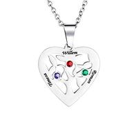 HOUSWEETY Personalised Silver Heart-Shaped Tree of Life Necklace Zircon Birthstone Pendant for Women/Mum/Grandma Engrave 2-7 Name Customised Necklace for Families/Friends/Girlfriend