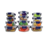 HOUSZY 12 Pack Glass Meal Prep Containers with Lids - Airtight Borosilicate Glass Storage Set - Rectangular, Square & Round Containers - Freezer, Oven, Microwave Safe - Leakproof & Stackable (Blue)