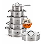 HOUSZY 12PC Cookware Set - Saucepan Frying Pan Casserole Stainless Steel Cookware Non Stick Kitchenware Glass Lids Strong Quality Long Lasting & Durable