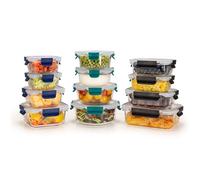 HOUSZY Glass Food Containers with Lids - 12 Pack - Borosilicate Glass Meal Prep Set - Airtight, Leakproof, Microwave & Freezer Safe - 3 Shapes, 4 Sizes Each (Black, Blue & Green Lids)