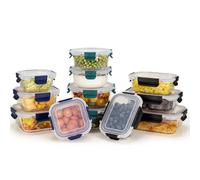 HOUSZY Glass Meal Prep Containers with Lids - 12 Pack - Borosilicate Glass Food Containers - Airtight, Microwave, Freezer Safe -3 Shapes, 4 Sizes Each (Black, Blue & Green Lids)
