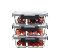HOUSZY Set of 3 Borosilicate Glass Meal Prep Containers - 3 Compartment Glass Containers with Lids - Airtight, BPA-Free, Oven, Microwave & Dishwasher Safe - 980ml Each