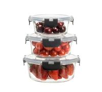 HOUSZY Set of 3 Meal Prep Stackable Glass Round Containers - Lunch Box for Food Storage, Freezer, Microwave & Oven - Dishwasher-Safe, BPA-Free Bowls - Airtight SnapLock Lids (Different Sizes)