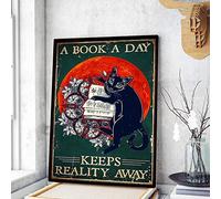 HOUVSSEN A Book A Day, Stay Away from Reality Poster, Cat and Magic Book Poster, Gothic Cat Poster, Wall Art, Home Decor Poster, Ideal Gifttin Sign Metal Decor Cafe Tin Sign Wall Art6x8inch