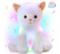 Houwsbaby Light up Cat Stuffed Animal Kitty Floppy LED Plush Toy Kitten Night Lights Glow Pillow Birthday Gifts for Kids Toddler Girls, White, 12'' (Music)