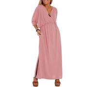 HOUXIANDOU Elegant Solid Color Long Dress,High Waist,V Neck,Summer Wrap V Neck Maxi Dress,A-Line Side Slit Elegant Flowy Dresses (Pink,S)