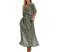 HOUXIANDOU Elegant Solid Color Long Dress,High Waist,V Neck,Summer Wrap V Neck Maxi Dress,A-Line Side Slit Elegant Flowy Dresses (ArmyGreen,L)