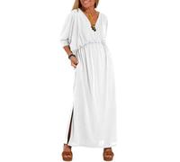HOUXIANDOU Elegant Solid Color Long Dress,High Waist,V Neck,Summer Wrap V Neck Maxi Dress,A-Line Side Slit Elegant Flowy Dresses (White,L)