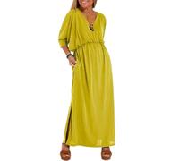 HOUXIANDOU Elegant Solid Color Long Dress,High Waist,V Neck,Summer Wrap V Neck Maxi Dress,A-Line Side Slit Elegant Flowy Dresses (Yellow,2XL)