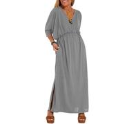 HOUXIANDOU Elegant Solid Color Long Dress,High Waist,V Neck,Summer Wrap V Neck Maxi Dress,A-Line Side Slit Elegant Flowy Dresses (Light Grey,2XL)