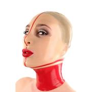 HOUXINQWWP 100% Latex Gummi Hood Mask Big Eyes Transparent Face With Red Trim Women Cosplay Latex Mask,S,women/red