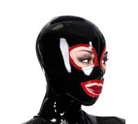 HOUXINQWWP 100% Latex Gummi Hood Mask Big Eyes Transparent Face With Red Trim Women Cosplay Latex Mask,XS,women/black