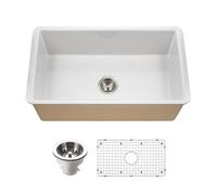 Houzer Platus White Fireclay Kitchen Sink - 32 Inch Undermount Single Bowl Sink with Strainer & Grid, Durable & Versatile, Essential for Home & Apartment - PTU-3600 WH-C
