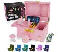 HOVANZO Upgraded Premium Large Bamboo Storage Box - Locking Decorative Wooden Box with Combination Lock - Removable Tray and Jars (PINK)