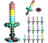 HOVCEH Glowing Diamond Sword, 39cm Diamond Sword Light with 14 Adjustable Colour and Sounds, Pixelated Light up LED Sword Rechargeable, Desk Lamp Decoration Game Accessories Gift for Video Game Fans
