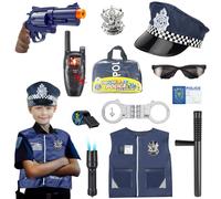 HOVCEH Police Costume Kids, 12Pcs Kids Police Set with Policeman Vest Hat Handcuffs Truncheon and Costume Accessories, Officer Role-playing for Halloween Fancy Dress Up Party